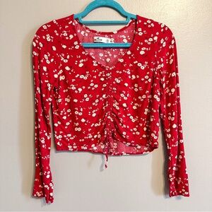 Hollister Red Floral Ruched Long Sleeve Crop Top Size XS